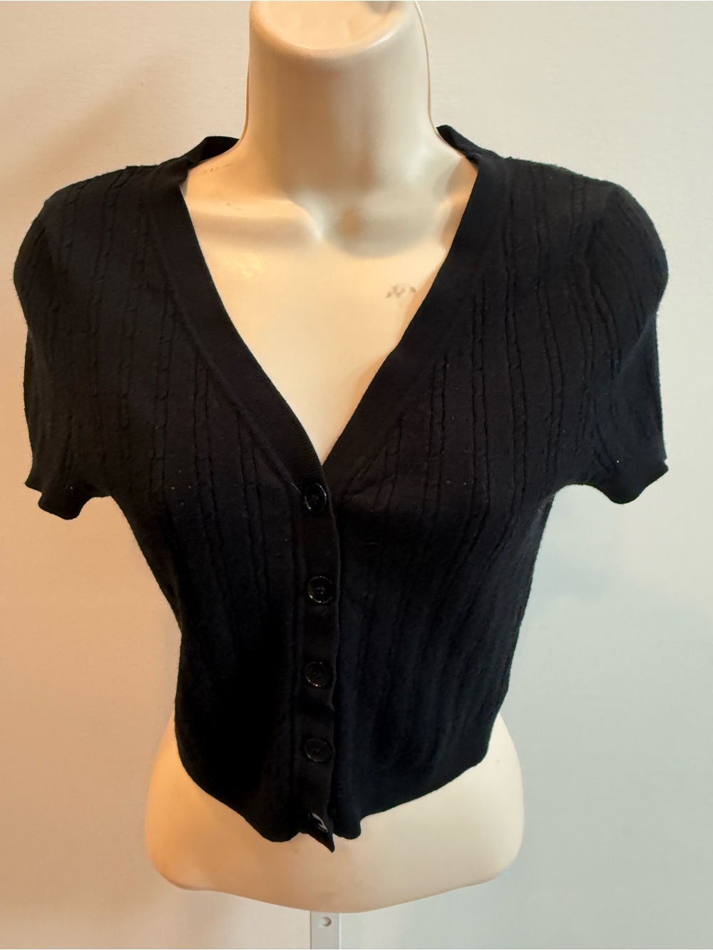 Free People Black Ribbed V-Neck Button Front Crop Top Size Small S